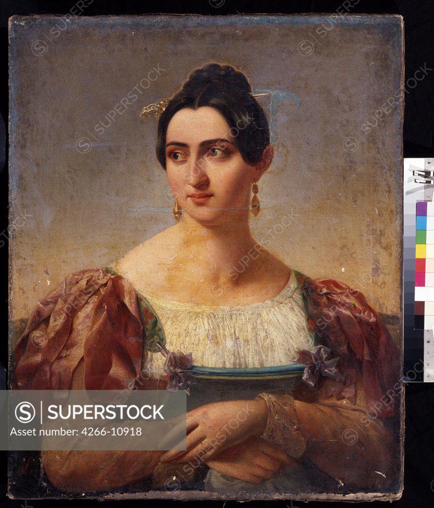 Stock Photo: 4266-10918 Portrait of young woman by unknown painter, oil on canvas , 19th century, Russia, St Petersburg, State Pushkin Museum of Fine Arts