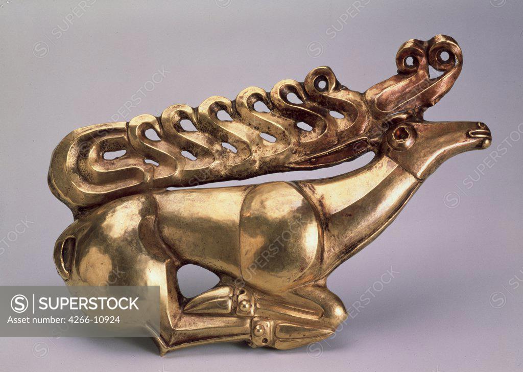 Stock Photo: 4266-10924 Deer scultpture by unknown artist, gold, circa 600 BC, Russia, St Petersburg, State Hermitage, 31, 5x19