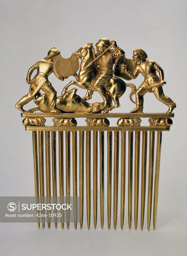 Stock Photo: 4266-10925 Sculpture with fighting warriors by unknown artist, gold, circa 400 BC, Russia, St Petersburg, State Hermitage, 12, 6x10, 2