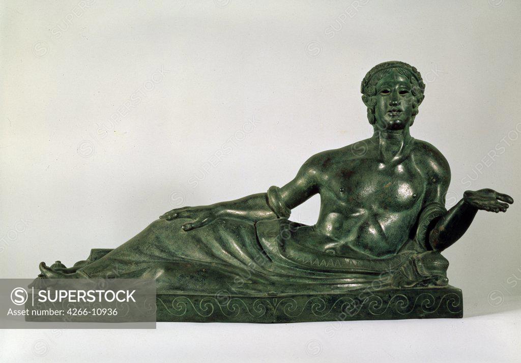 Stock Photo: 4266-10936 Man lying on side by unknown artist, bronze sculpture, 4th century BC, Russia, St Petersburg, State Hermitage, 42