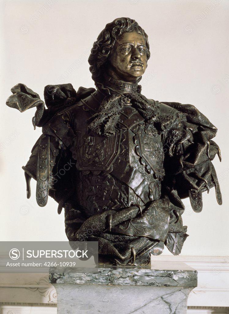 Stock Photo: 4266-10939 Peter I by Bartolomeo Carlo Rastrelli, bronze sculpture, 1723-1730, 1675-1744, Russia, St Petersburg, State Hermitage, 102x90x40
