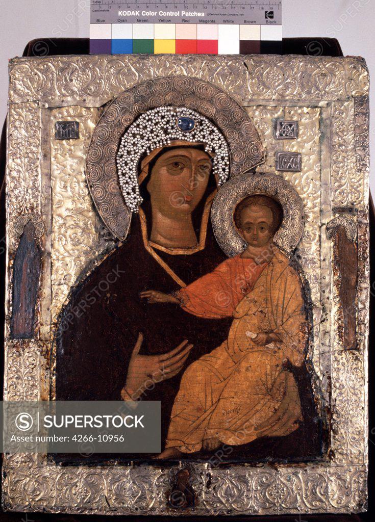 Stock Photo: 4266-10956 Russian icon with Virgin Hodegetria by unknown painter, tempera on panel , 14th century, Yaroslavl School, Russia, Sergyev Possad, State Open-air Museum of the Trinity Lavra of St Sergius