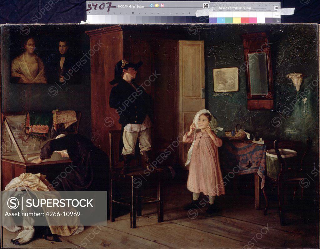 Stock Photo: 4266-10969 Family scene by Nikolai Yakovlevich Gribkov, oil on canvas, 1871, Mid of 19th century, Russia, Moscow, State Tretyakov Gallery, 64x90