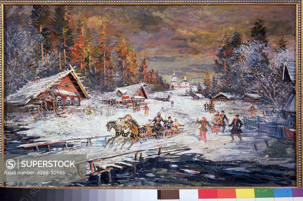 Stock Photo: 4266-10986 Sleigh ride by Konstantin Alexeyevich, oil on canvas, 1920s-1930s, 1861-1939, Private Collection