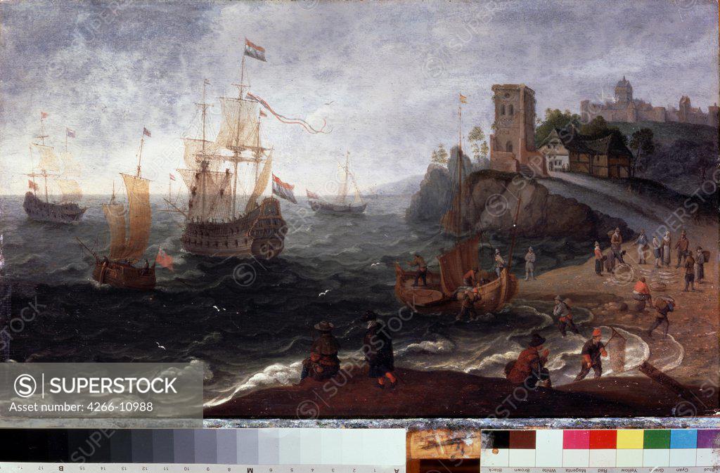 Stock Photo: 4266-10988 Sea landscape with ships by Isaak Willaerts, oil on wood, 1640s, 1620-1693, Russia, Serpukhov, State Museum of History and Art, 35, 5x67