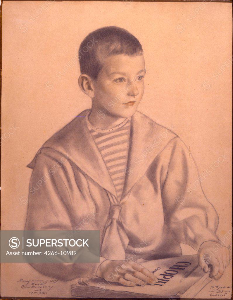 Stock Photo: 4266-10989 Dmitri Shostakovich as boy by Boris Michaylovich Kustodiev, black chalk, watercolor on paper, 1919, 1878-1927, Russia, Moscow, State Shostakovich Memorial Museum,