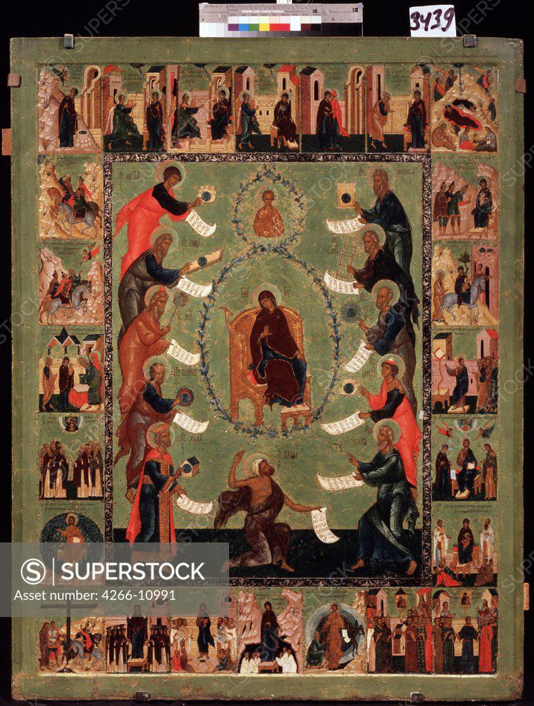 Stock Photo: 4266-10991 Russian icon with assumption of Blessed Virgin, tempera on panel , 16th century, Pskov School, Russia, St Petersburg, State Russian Museum, 148x114