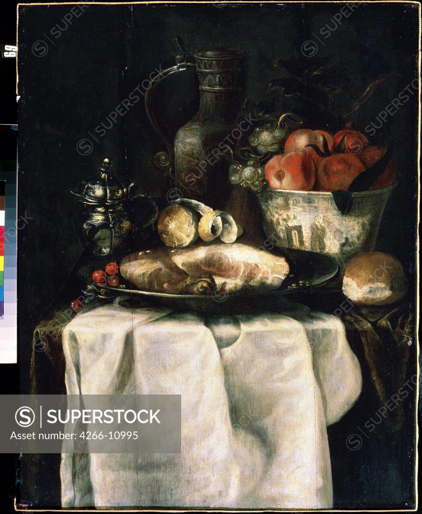 Stock Photo: 4266-10995 Still life with ham and tomato by Alexandre Coosemans, oil on canvas, 1655, 1627-1689, Ukraine, Sevastopol, Kroshitsky Art Museum