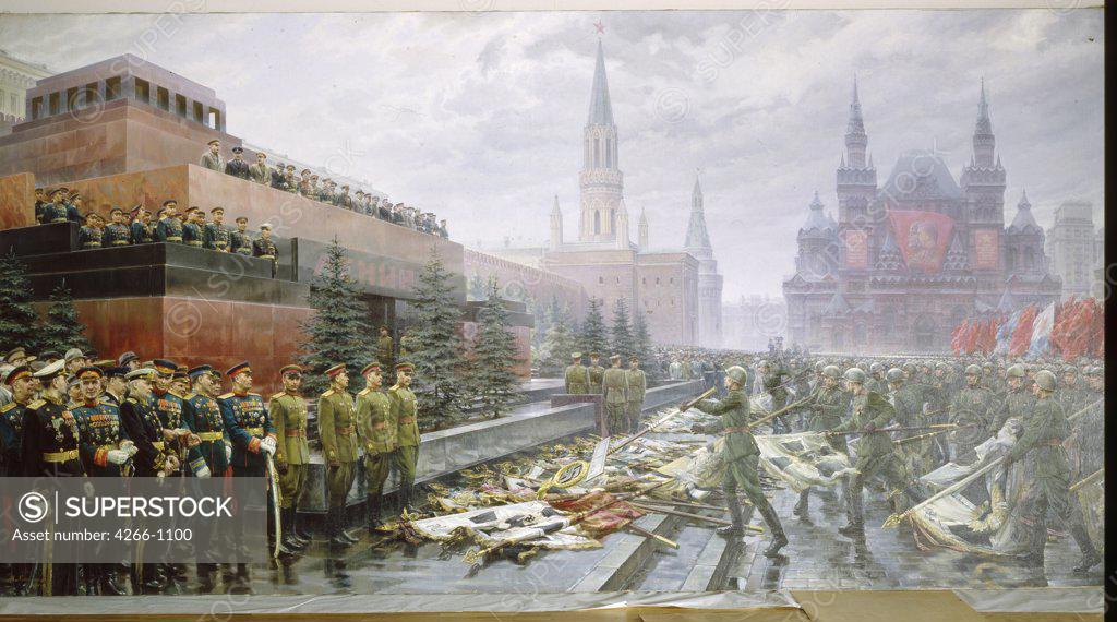 Stock Photo: 4266-1100 Army on town square by Mikhail Ivanovich Khmelko, Oil on canvas, 1949, *1919, Russia, Moscow, State Tretyakov Gallery, 189x559
