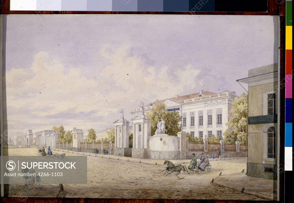 Stock Photo: 4266-1103 Street scene by Georgi Filippovich Baranovsky, Watercolor on paper, 1848, 1823-1852, Russia, Moscow, State Tretyakov Gallery