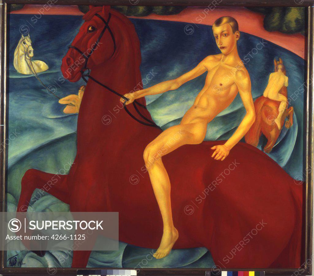 Stock Photo: 4266-1125 Bathing of Red Horse by Kuzma Sergeyevich Petrov-Vodkin, Oil on canvas, 1912, 1878-1939, Russia, Moscow, State Tretyakov Gallery, 160x186