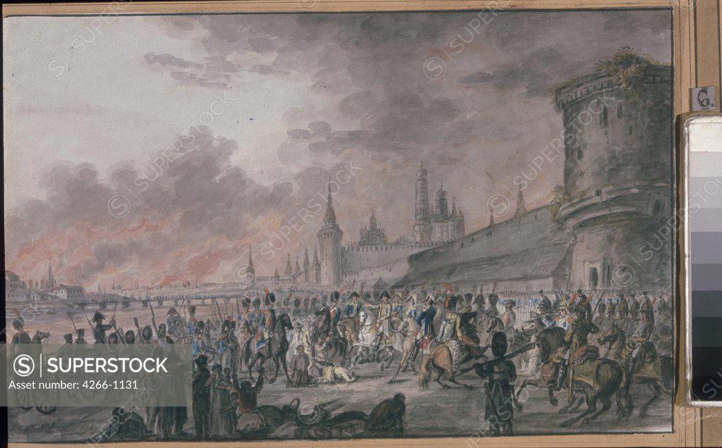 Stock Photo: 4266-1131 Soldiers by anonymous painter, Watercolor on paper, 19th century, Russia, Moscow, Museum of Moscow History and Reconstruction, 67x98