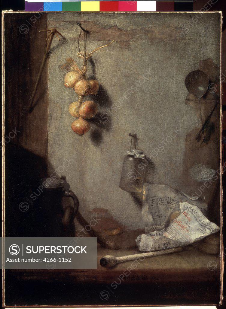 Stock Photo: 4266-1152 Still life with onion by Christopher Paudiss, Oil on canvas, 1660, 1630-1666, Russia, St. Petersburg, State Hermitage, 62x46, 5