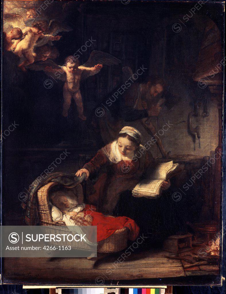 Stock Photo: 4266-1163 Jesus in cradle with Virgin Mary and St. Joseph by Rembrandt van Rhijn, Oil on canvas, 1645, 1606-1669, Russia, St. Petersburg, State Hermitage, 117x91