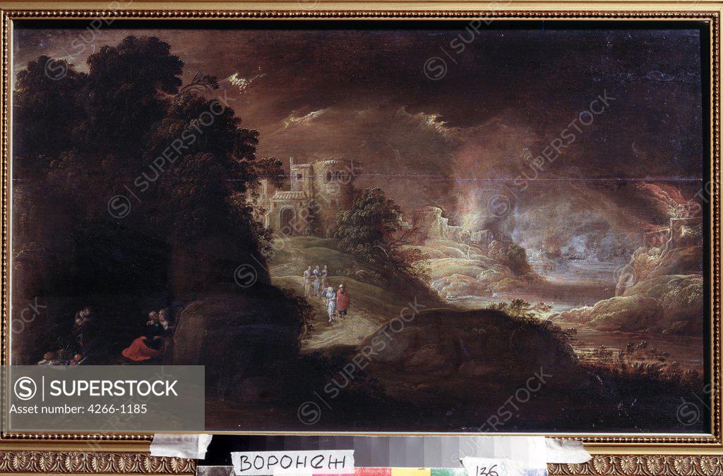 Stock Photo: 4266-1185 Landscape with Sodoma and Gomora, Rombout van Troyen, Oil on canvas, circa 1605- circa 1650, 17th Century, Russia, Voronezh, Regional I. Kramskoi Art Museum