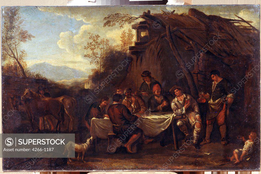 Stock Photo: 4266-1187 Village scene by Jan Miel, Oil on canvas, 1599-1664, 17th Century, Russia, Voronezh, Regional I. Kramskoi Art Museum