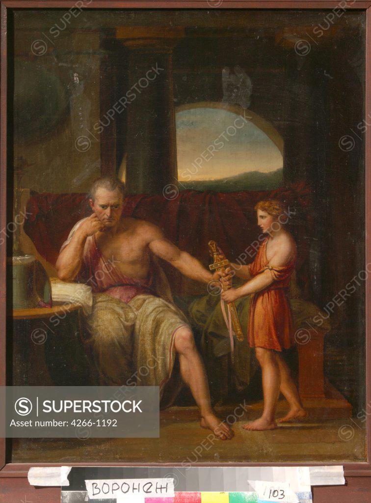 Stock Photo: 4266-1192 Death of Cato by Joseph Abel, Oil on canvas, 1764-1818, Russia, Voronezh, Regional I. Kramskoi Art Museum, 60x52