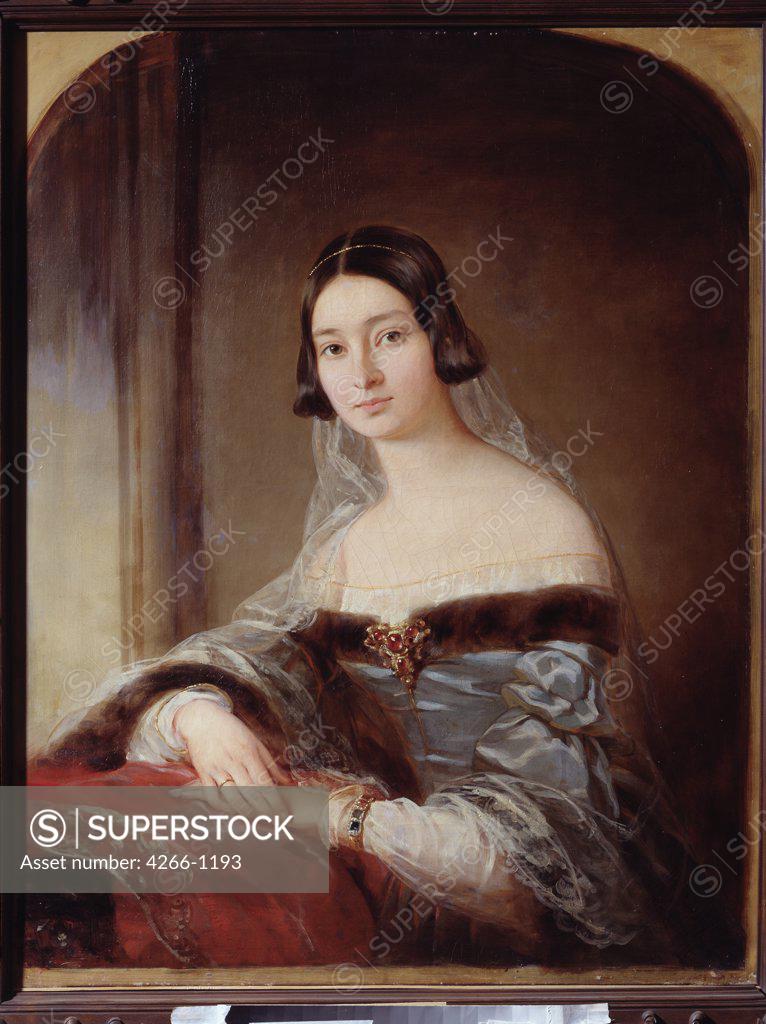 Stock Photo: 4266-1193 Portrait of young woman by Christina Robertson, Oil on canvas, 1796-1854, 19th century, Russia, Voronezh, Regional I. Kramskoi Art Museum