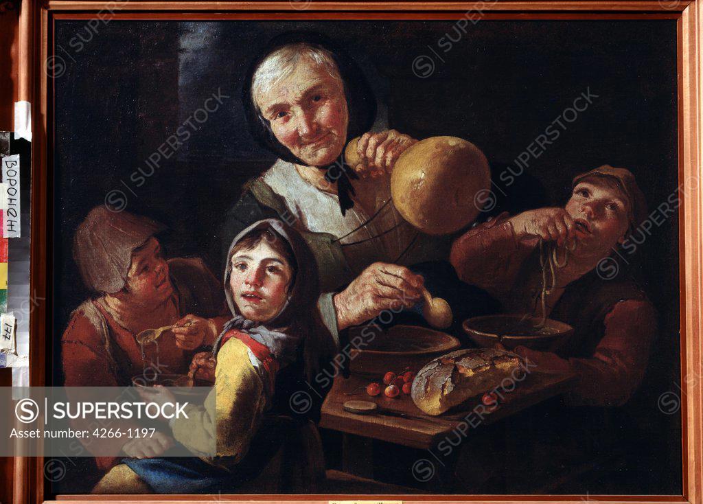 Stock Photo: 4266-1197 Dinner scene with grandmother and grandchildren by Giaconda Francesco Cipper, Oil on canvas, 1664-1736, Russia, Voronezh, Regional I. Kramskoi Art Museum