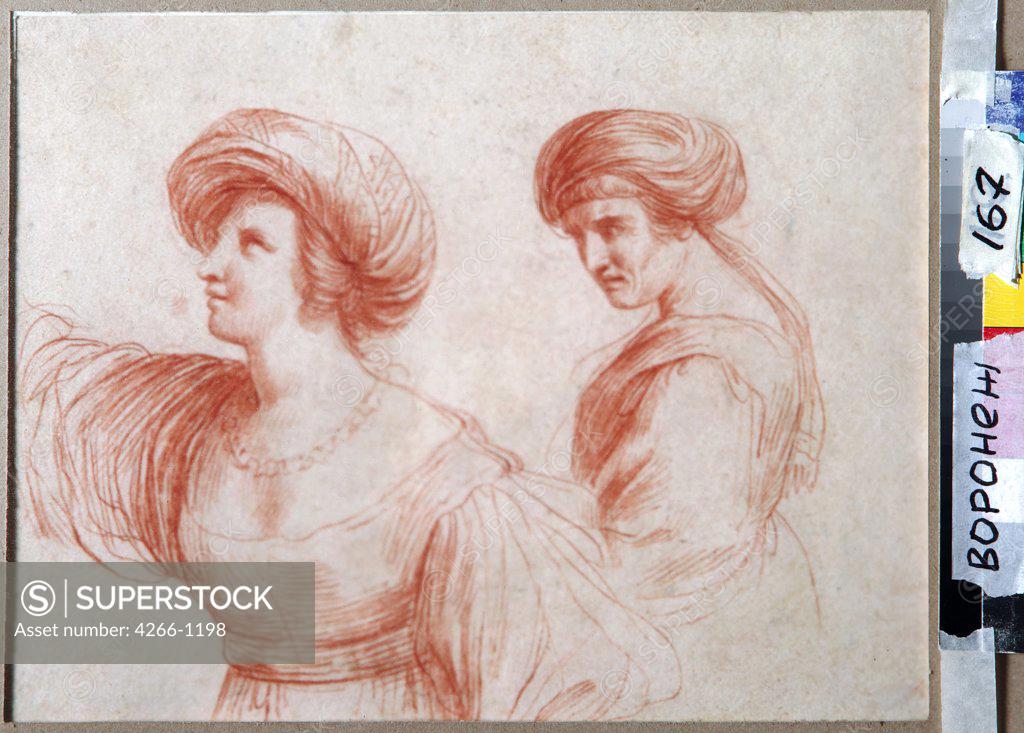 Stock Photo: 4266-1198 Portrait of two women by Guercino, Sanguine on paper, 1591-1666, 17th century, Bolognese School, Russia, Voronezh, Regional I. Kramskoi Art Museum