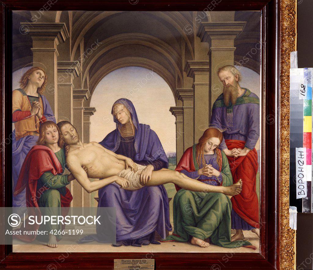 Stock Photo: 4266-1199 Pieta by Perugino, Oil on canvas, circa 1450-1523, School of Umbria Bible, Russia, Voronezh, Regional I. Kramskoi Art Museum