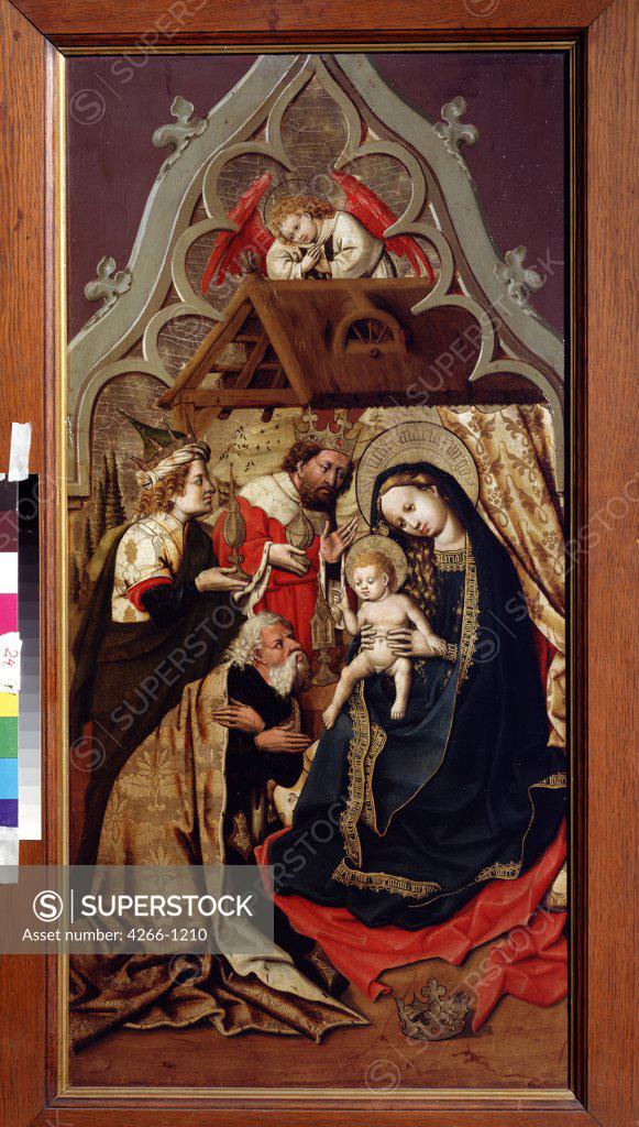 Stock Photo: 4266-1210 Adoration of Christ Child by Master of Lichtenstein Castle, Oil on wood, circa 1440, Mid 15th century, Russia, Moscow, State A. Pushkin Museum of Fine Arts, 101x50