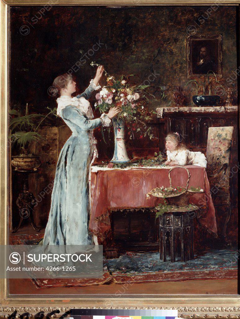 Stock Photo: 4266-1265 Woman arranging flowers by Mihaly Munkacsy, oil on canvas, 1880s, 1844-1900 Russia, Moscow, State A. Pushkin Museum of Fine Arts, 99x78, 5