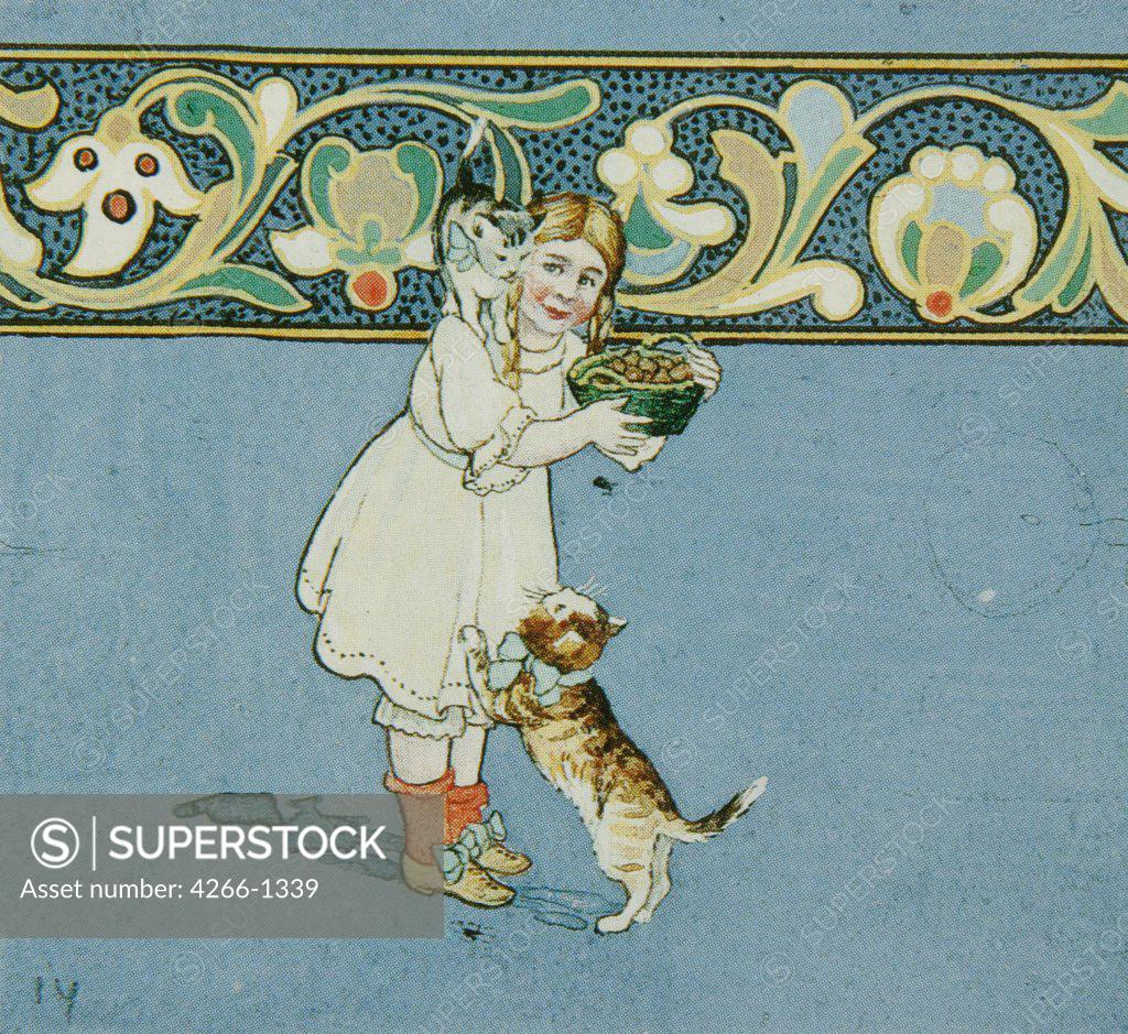 Stock Photo: 4266-1339 Girl with cats by Russian master, colour lithograph, 1900, Russia, Moscow, State History Museum, 7x8