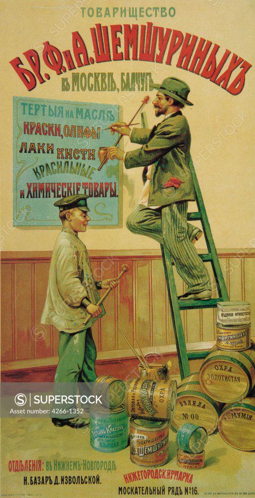 Stock Photo: 4266-1352 Man on ladder by Russian master, colour lithographed, 1904, Russia, Moscow, State History Museum, 69x36