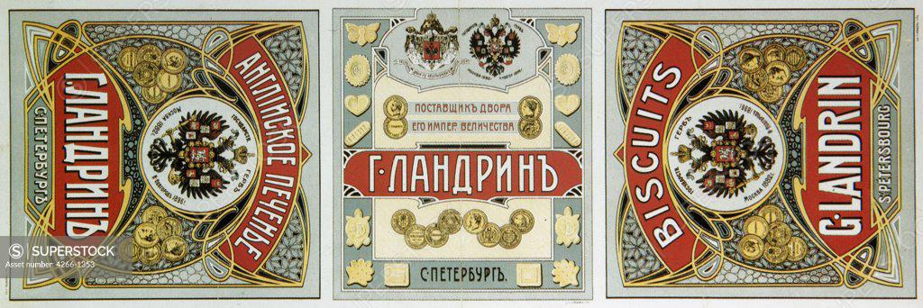 Stock Photo: 4266-1353 Pack of biscuit by Russian master, colour lithograph, 1900, Russia, Moscow, State History Museum, 27x24