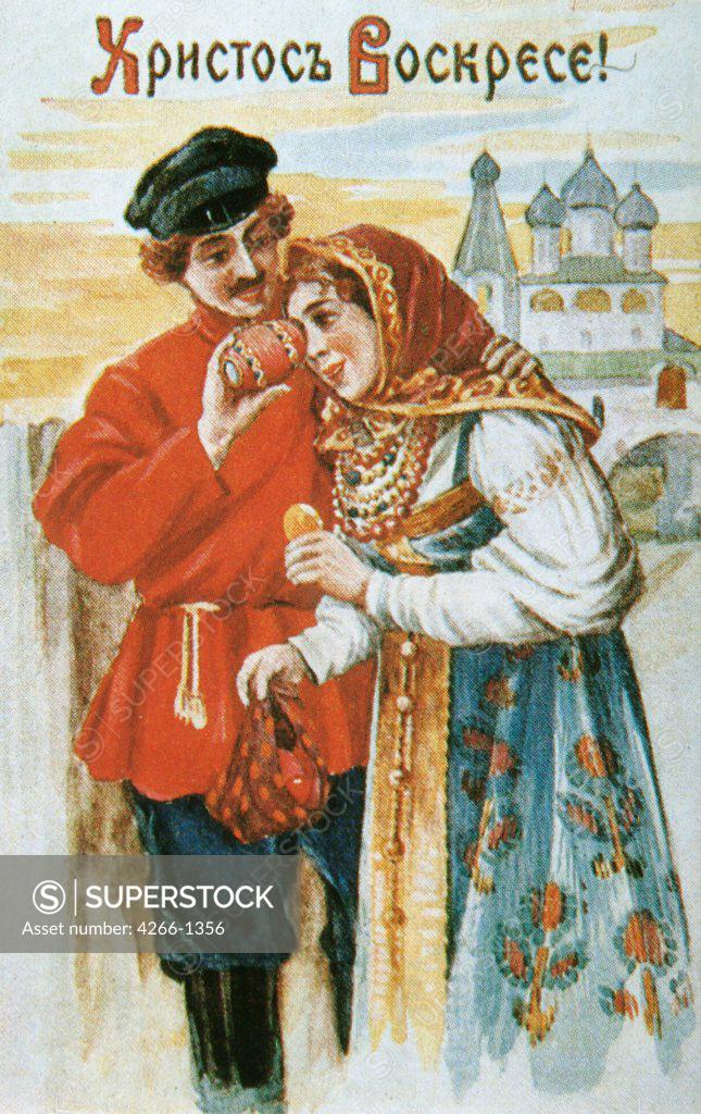 Stock Photo: 4266-1356 Easter by Russian master, colour lithograph, 1915, Russia, Moscow, State History Museum, 14x9