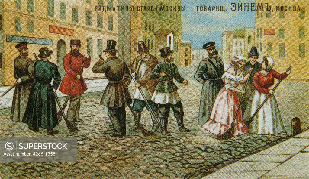 Stock Photo: 4266-1358 People with brooms by Russian master, colour lithograph, 1900, Russia, Moscow, State History Museum, 6, 5x11