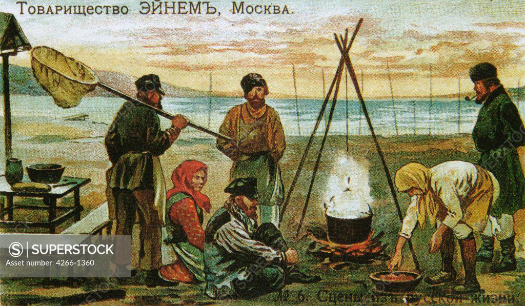 Stock Photo: 4266-1360 People sitting on beach by Russian master, colour lithograph, 1900s, Russia, Moscow, State History Museum, 6, 5x11