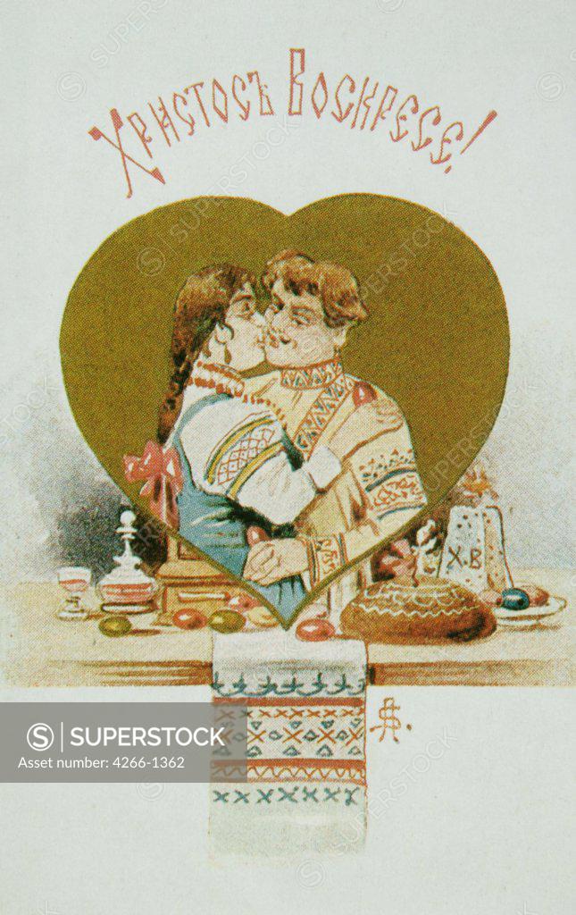 Stock Photo: 4266-1362 Easter by Russian master, colour lithograph, 1900s, Russia, Moscow, State History Museum, 14x9