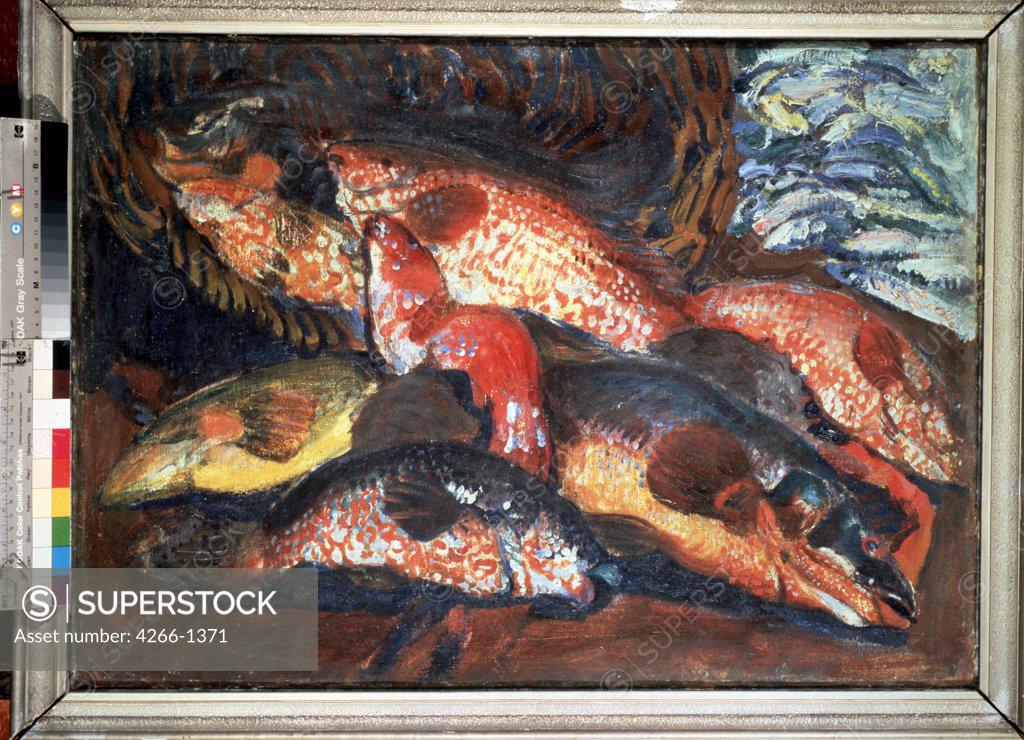 Stock Photo: 4266-1371 Still life with fish by Boris Israilevich Anisfeld, Oil on canvas, 1900-1910, 1878-1973, Private Collection, 51x74