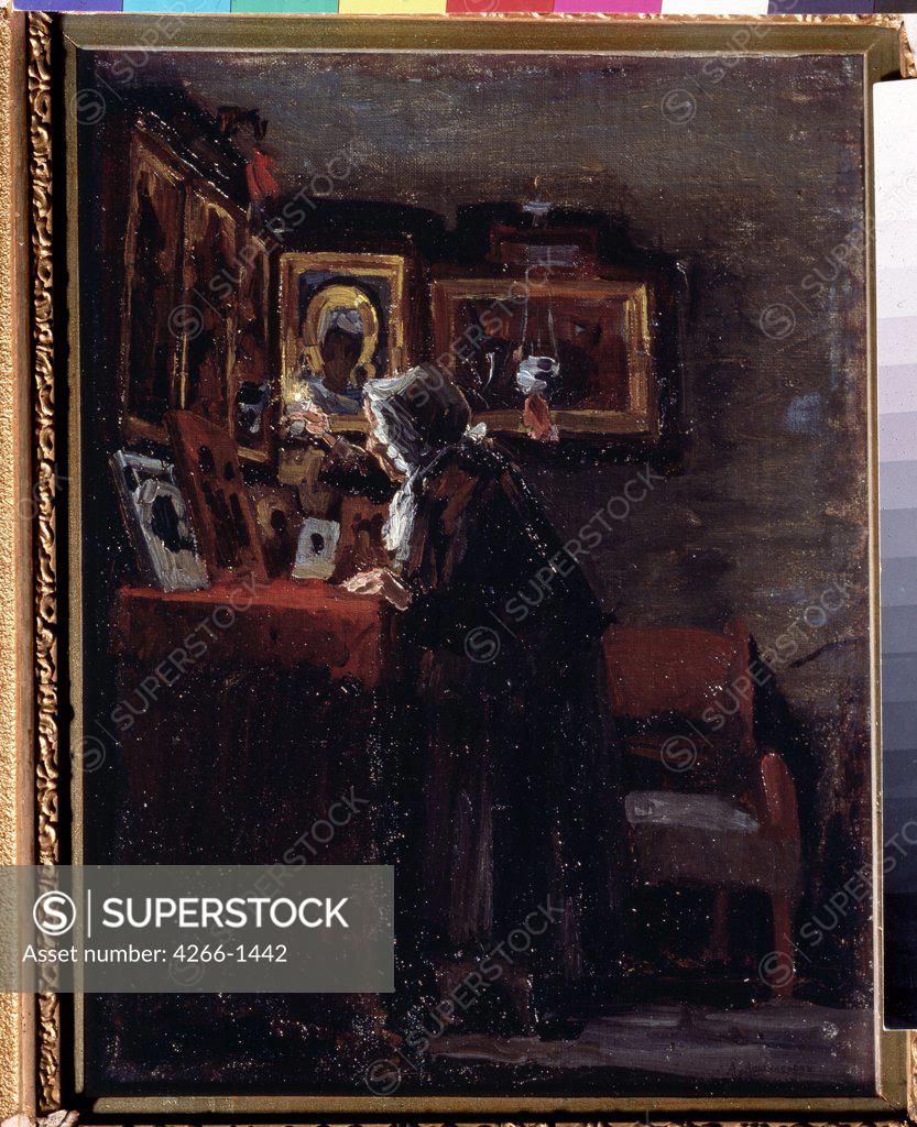 Stock Photo: 4266-1442 Old lady lighting up icon lamp by Aleksei Fyodorovich Afanasyev, Oil on canvas, 1890, 1850-1920, Russia, Moscow, State Tretyakov Gallery, 41x31, 5