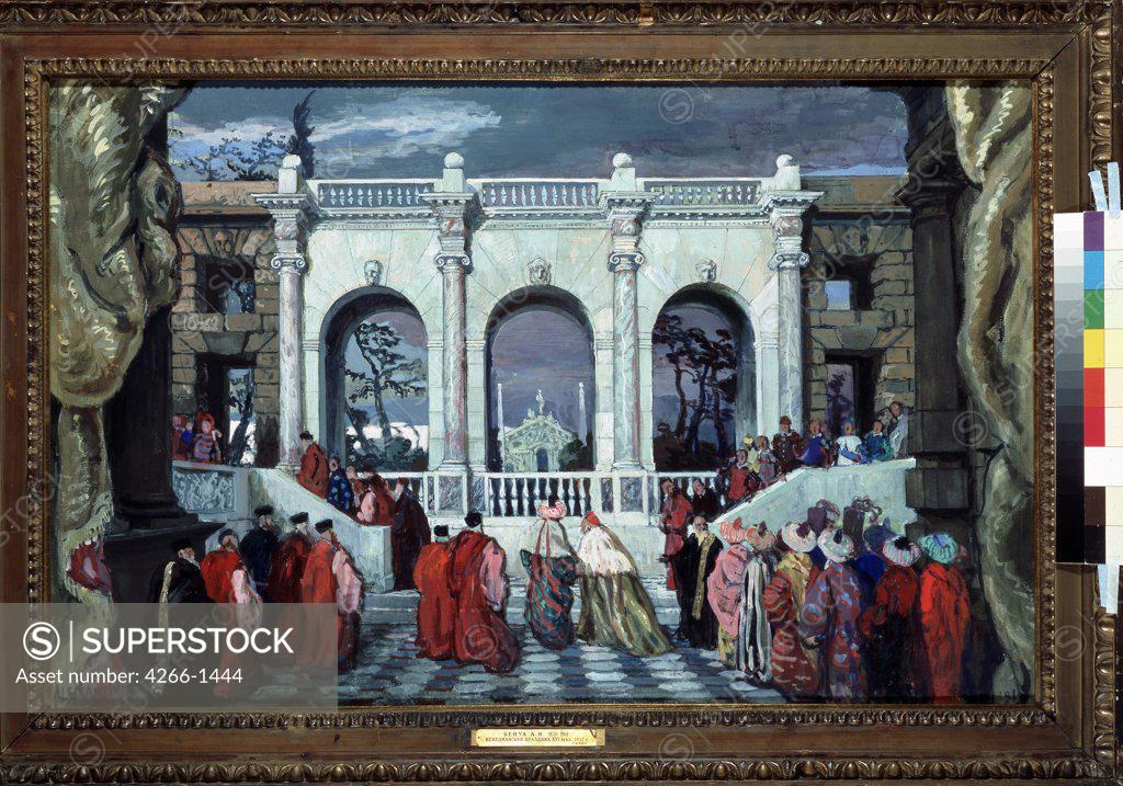 Stock Photo: 4266-1444 Stage design to theatrical scene by Alexander Nikolayevich Benois, Gouache on paper, 1912, 1870-1960, Russia, Moscow, State Tretyakov Gallery, 65, 7x102