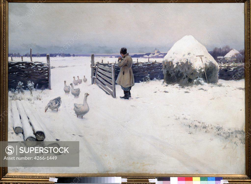 Stock Photo: 4266-1449 Winter landscape with geese by Mikhail Markianovich Germashev, Oil on canvas, 1867-1930, 19th century, Russia, Moscow, State Tretyakov Gallery, 91x127
