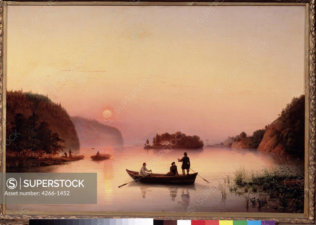 Stock Photo: 4266-1452 Landscape with boat and sunset by unknown painter, Russia, Moscow, State Tretyakov Gallery, 60x88, 8