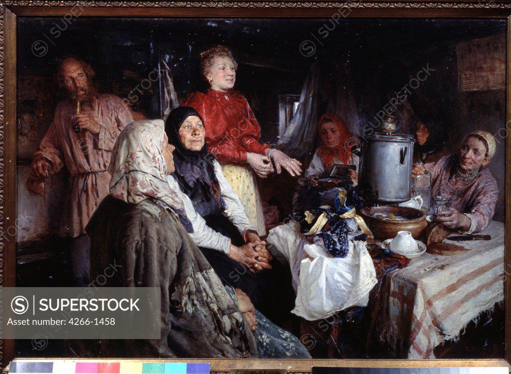 Stock Photo: 4266-1458 Country house interior with villagers by unknown painter, Russia, Moscow, State Tretyakov Gallery, 61x88