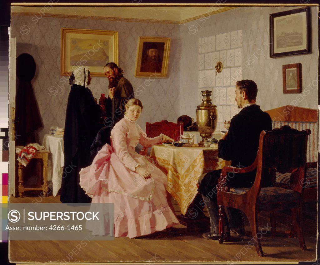 Stock Photo: 4266-1465 Home scene with newly engaged couple by Nikolai Vasilyevich Nevrev, Oil on canvas, 1888, 1830-1904, Russia, Moscow, State Tretyakov Gallery, 89x106, 7