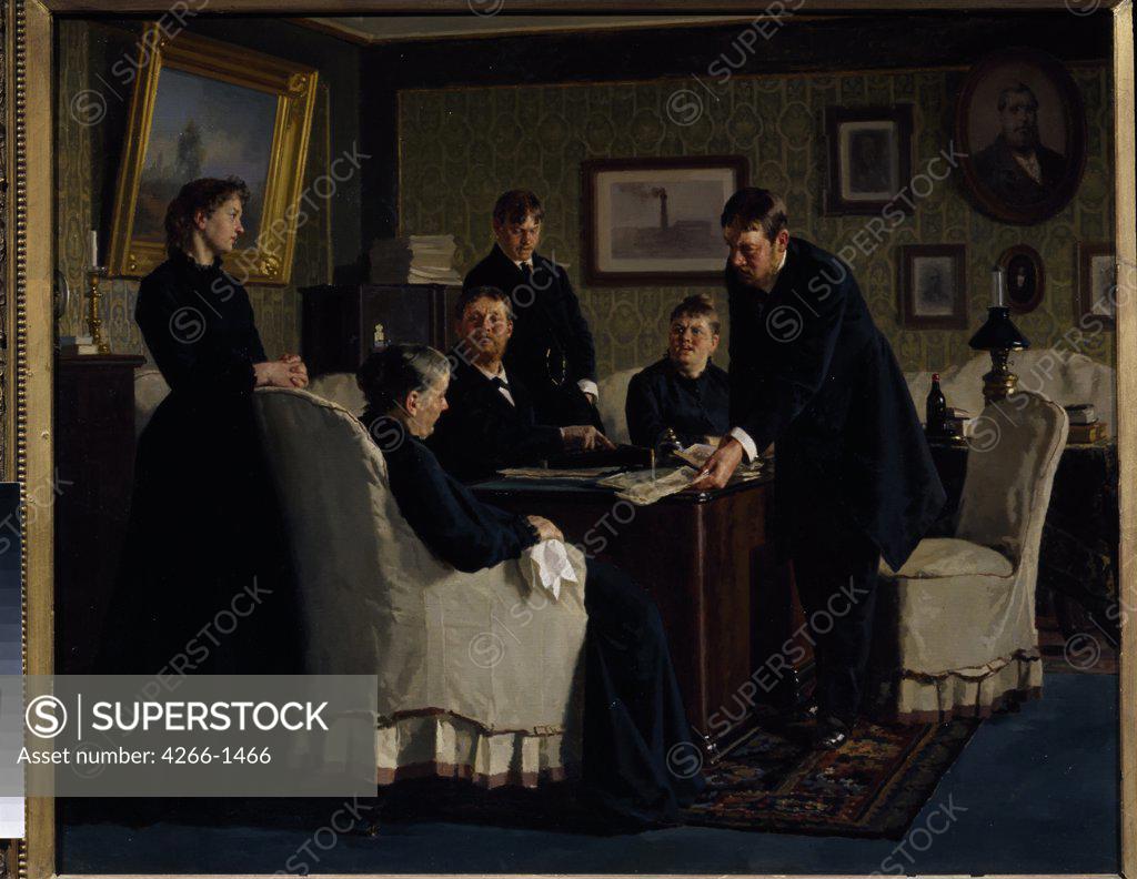 Stock Photo: 4266-1466 Home scene by Nikolai Vasilyevich Nevrev, Oil on canvas, 1888, 1830-1904, Russia, Moscow, State Tretyakov Gallery, 89x106, 7