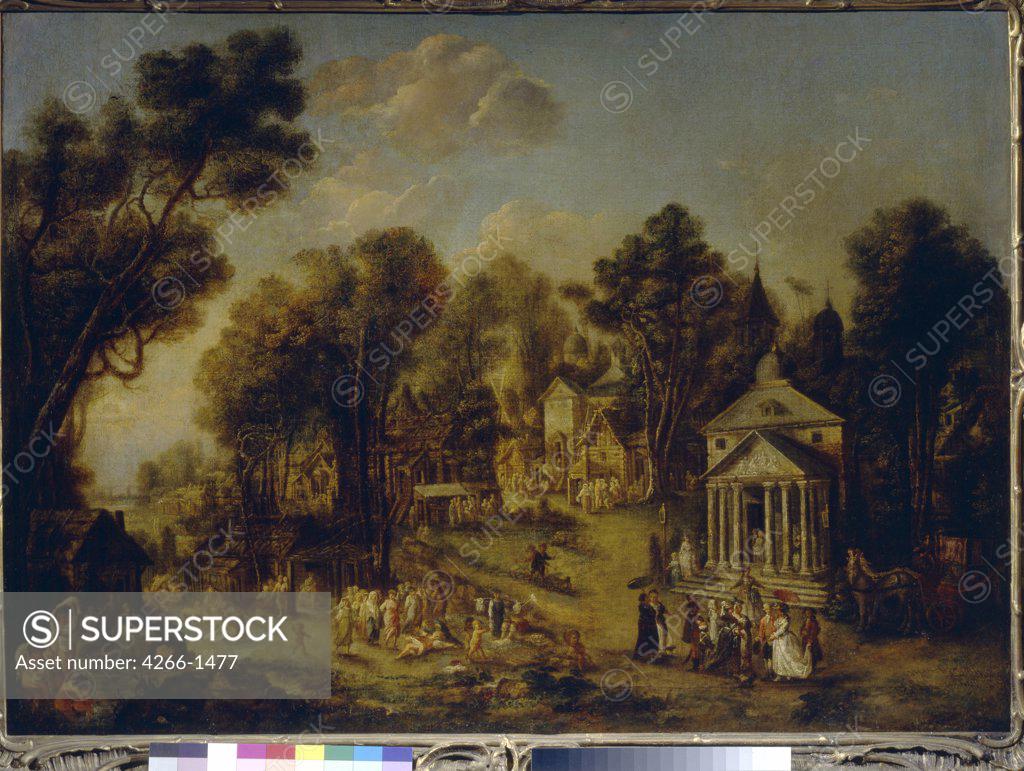 Stock Photo: 4266-1477 Landscape with village and court by Ivan Michailovich Tankov (Tonkov), Oil on canvas, 1784, 1740-1799, Russia, Moscow, State Tretyakov Gallery, 102x138, 8
