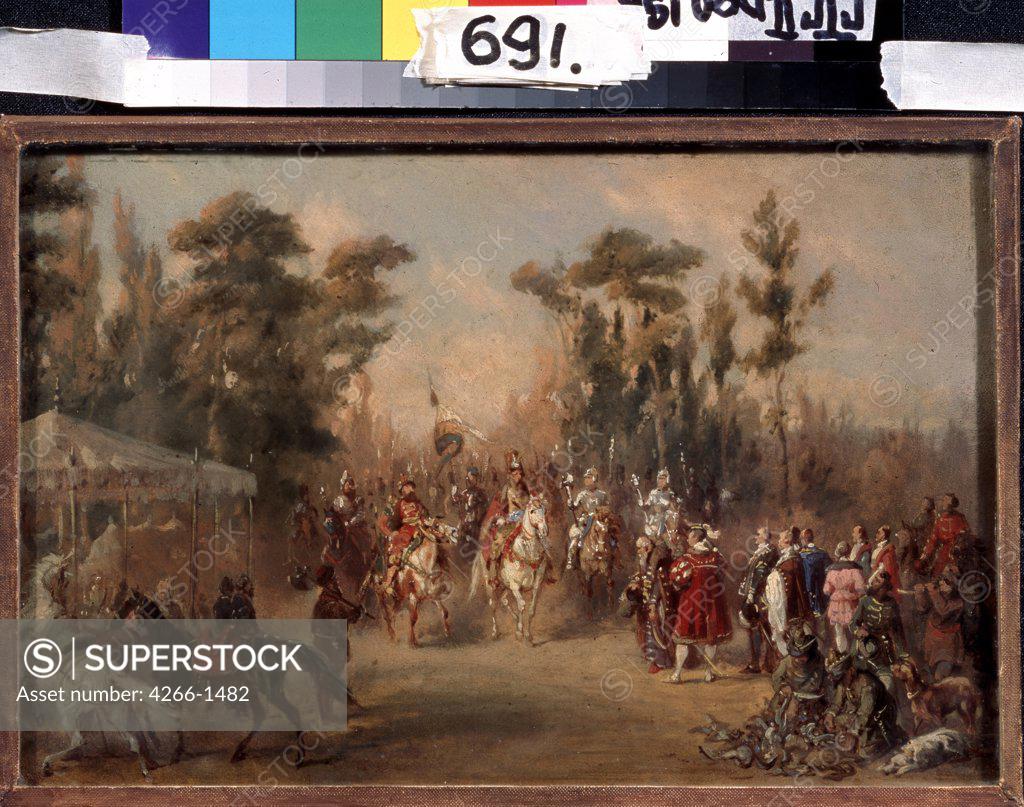 Stock Photo: 4266-1482 People on horses by Adolf Charlemagne, oil on cardboard, 1858, 1826-1901, Russia, Moscow, State Tretyakov Gallery, 17, 7x26, 4