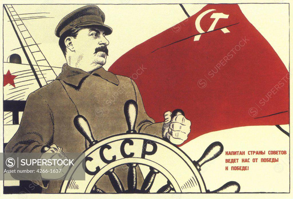 Stock Photo: 4266-1637 Stalin as captain of Soviet Russia by Boris Yefimovich Yefimov, lithograph, 1933, 1900 - 2008, Russia, Moscow, Russian State Library, 95x62