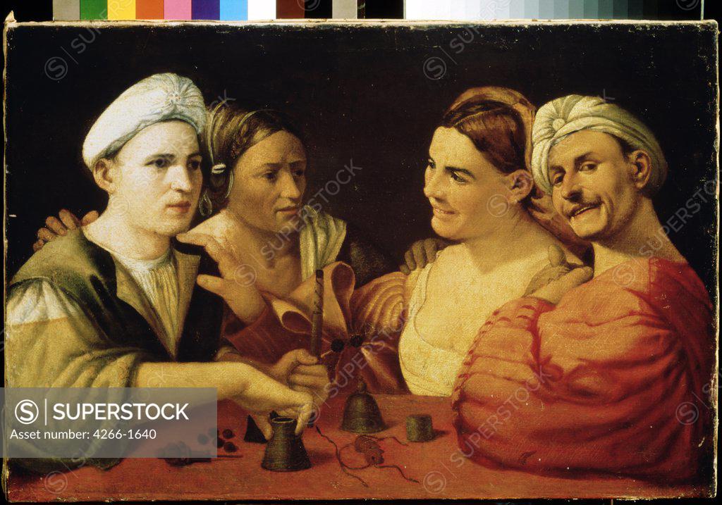 Stock Photo: 4266-1640 Gamblers at table by Dosso Dossi, oil on canvas, circa 1486-1542, 16th century, School of Ferrara, Russia, Moscow, State A. Pushkin Museum of Fine Arts, 58x85