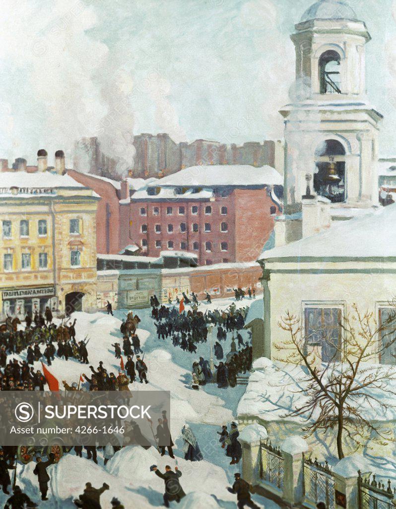 Stock Photo: 4266-1646 Revolution street scene by Boris Michaylovich Kustodiev, Oil on canvas, 1917, 1878-1927, Russia, Moscow, State Tretyakov Gallery