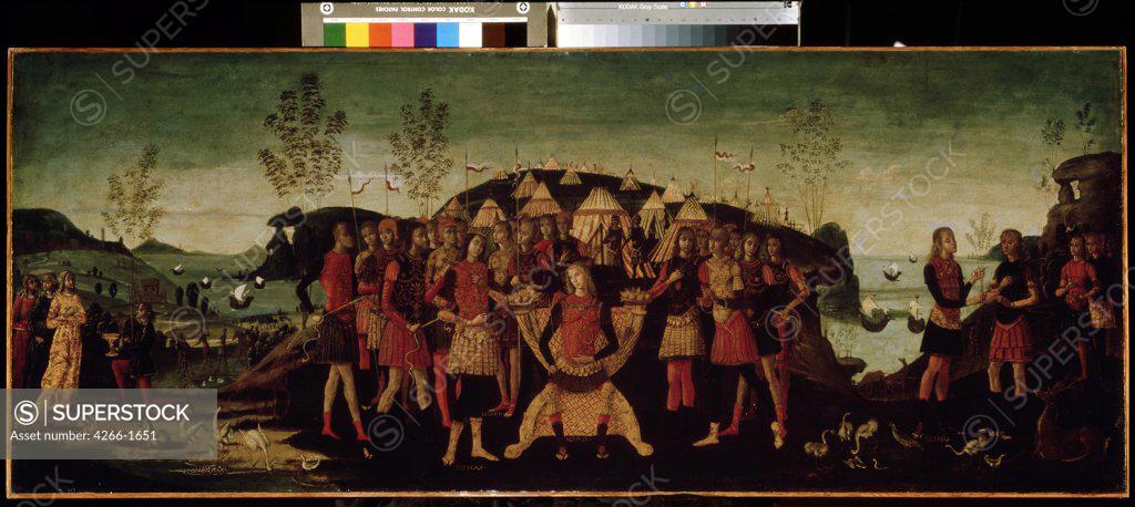 Stock Photo: 4266-1651 Group scene from Second Punic War by, tempera on canvas, 1512-1516, 1460-1516, 16th century, School of Siena, Russia, Moscow, State A. Pushkin Museum of Fine Arts, 66x166