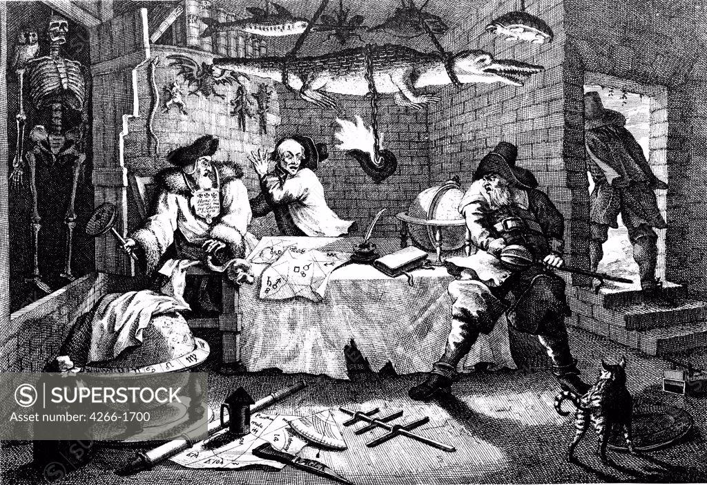 Stock Photo: 4266-1700 Interior of Samuel Butler's workshop by William Hogarth, etching, 1726, 1697-1764, Russia, Moscow, State A. Pushkin Museum of Fine Arts