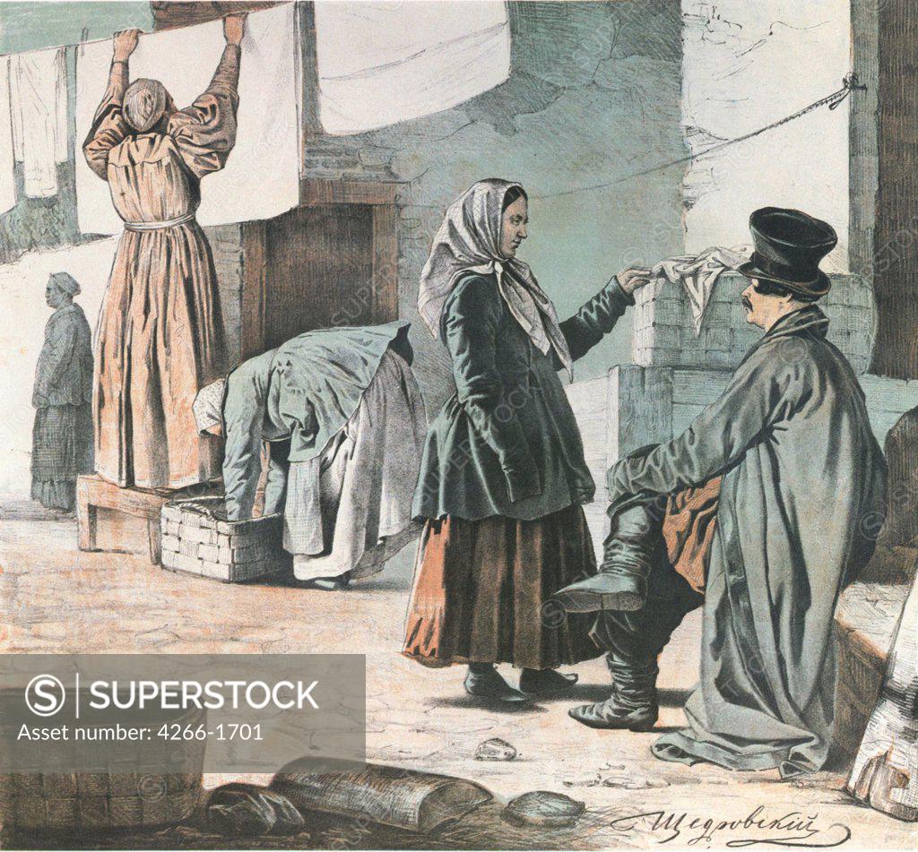 Stock Photo: 4266-1701 Women hanging laundry by Ignati Stepanovich Shchedrovsky, color lithograph, 1846, 1815-1870, Russia, Moscow, State A. Pushkin Museum of Fine Arts
